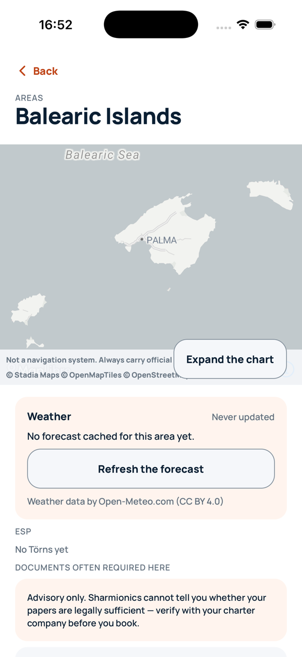 Offline chart with seamarks and the weather forecast