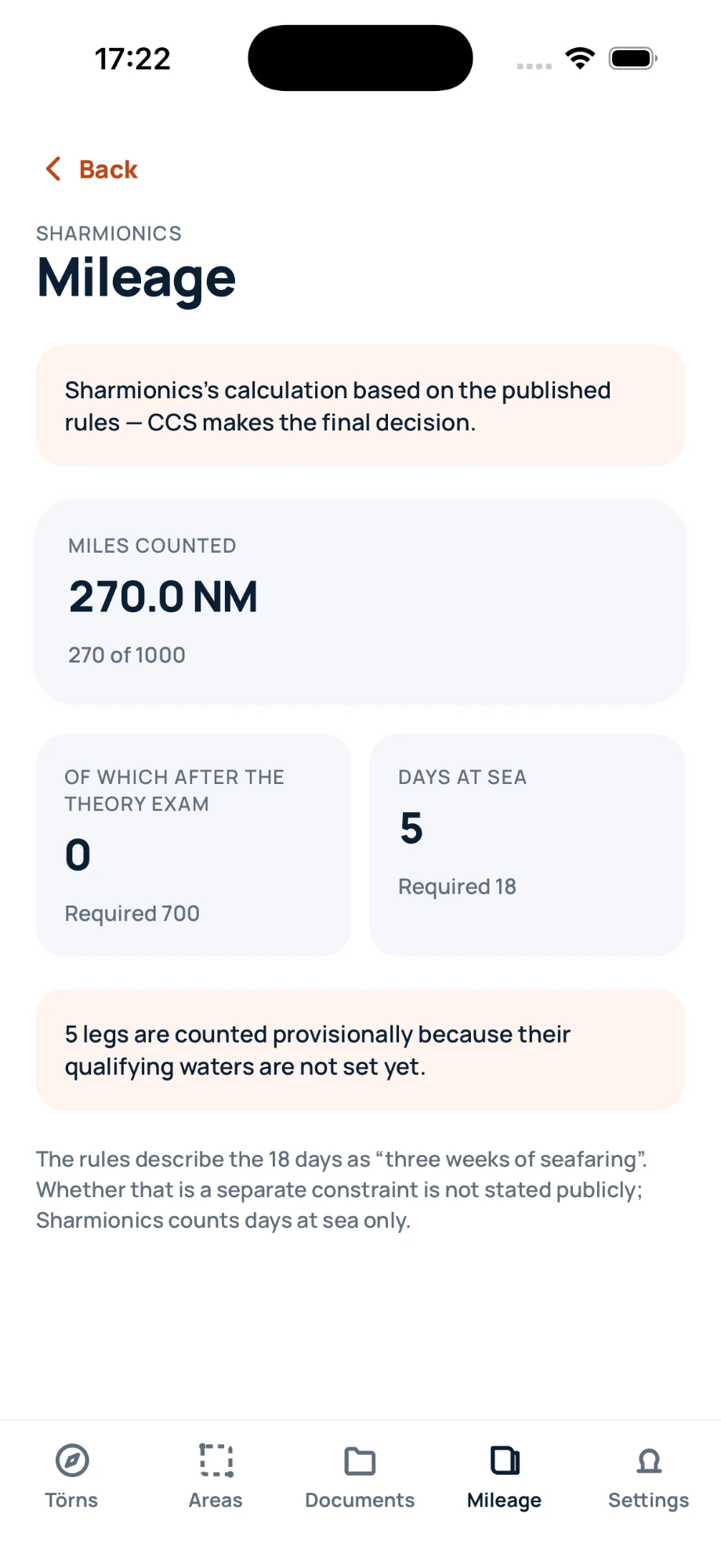 The Mileage screen: 270 of 1000 nautical miles counted, 5 of 18 days at sea